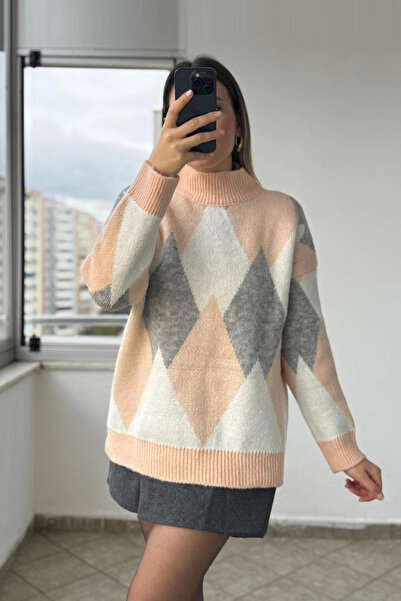 Kubos Moda Baklava Pattern Relaxed Fit Powder Sweater