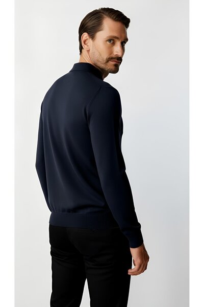 İgs Lacivert Standart Fit Dar Kalıp Polo Yaka Düz Uzun Kollu Triko