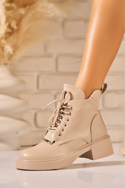 Joana Ladies' Lined Beige -Leather Platform Boots