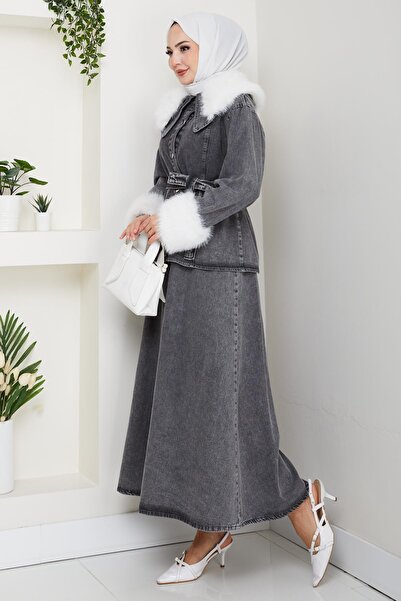 Hb Harma Time Butik Women's Plush Detailed Belted Jeans Black Two-Piece Set