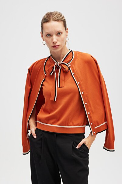 Peraluna Paris, Women's Knitted Cardigan with Stripe Detail - Burnt Orange