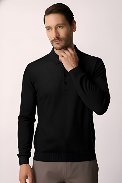 İgs Черно стандартно прилепващо поло с дълъг ръкав и гладка повърхност