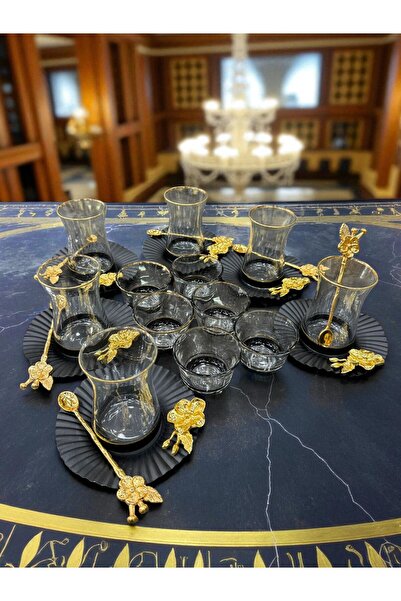 İnterlife 24 Parça Lüx Çay Takımı Seti Cam Bardak Cam Sunumluk Metal Atlıklı ...