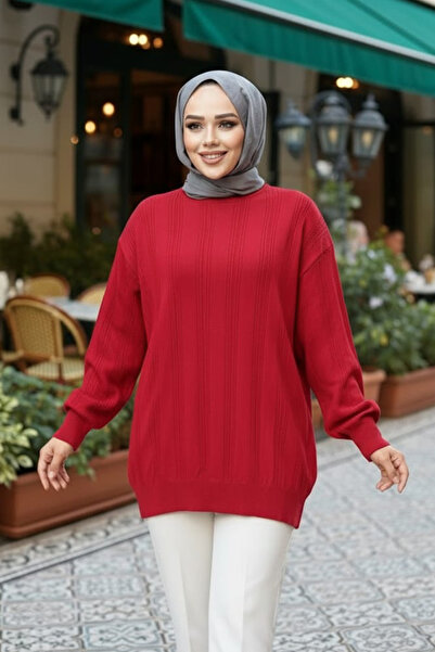 N.S NEVA STYLE Stripe Detailed Red Hijab Knitwear Sweater Tunic 30661K
