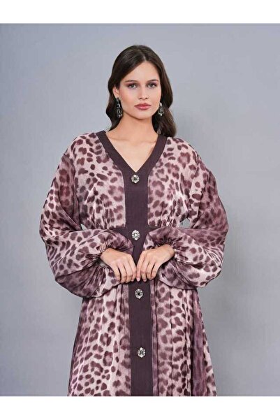 SERPİL Leopar Desenli V Yaka Düğmeli Şifon Elbise 50927