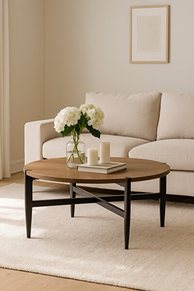 MARIA HOMES Round Brown Coffee Table with Black Metal Legs – Modern Wooden Ce...