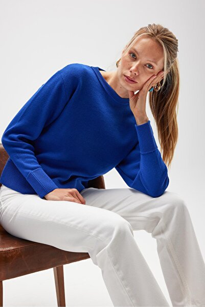 Peraluna Risu, Plain Knit Women's Transitional Knitwear Crew Neck Sweater - Cobalt Blue