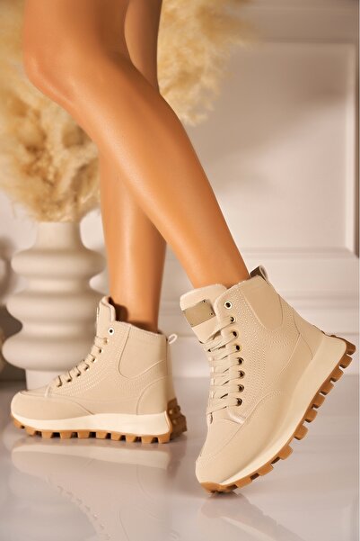 Joana Γυναικείες Μπότες με Επένδυση από Δέρμα σε Μπεζ Χρώμα - Μέγεθος 40