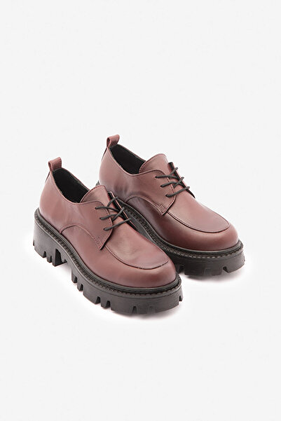 SAYL Bordo Hakiki Deri Kalın Tabanlı Bağcıklı Kadın Oxford Ayakkabı