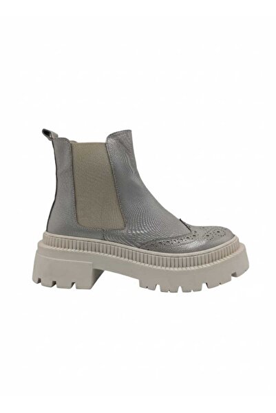 nostra shoes GLOW Metalik Gümüş Hakiki Deri Bej Kalın Taban Elastik Brogue De...