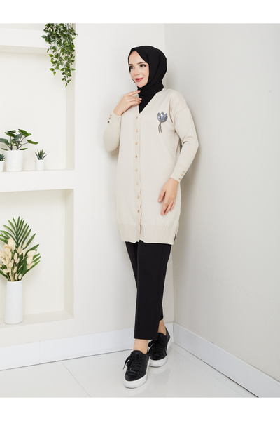KMKkombin Women's Long Sleeve Knit Cardigan with Stone Detail on the Chest and Buttons