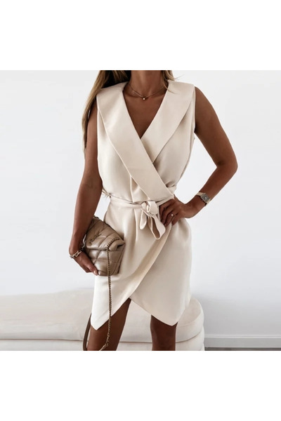 TBL DEKOR Double Breasted Neck Belted Crepe Fabric Dress