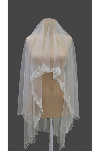 Pusula Marketim Her Detayda Işıltı: Özel Tasarım Kristal ve İnci İşlemeli Duvak, 165x150 cm