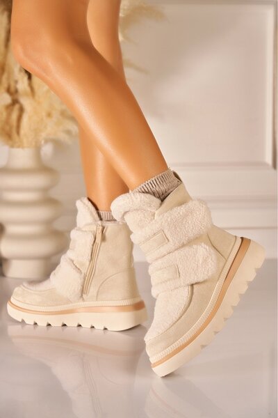 Joana Beige Faux Suede Fur-Lined Trendy Ankle Boots