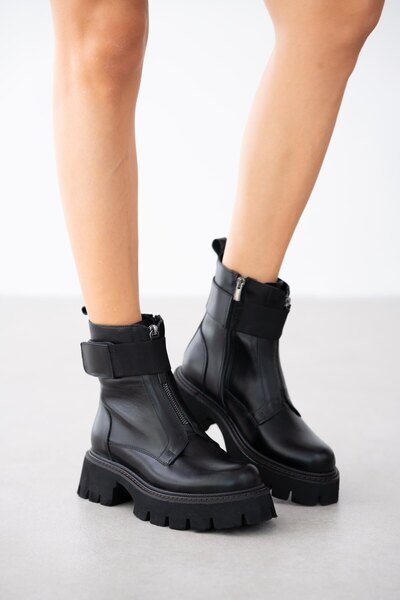 selinshoes Γυναικείες μπότες Dorelle από γνήσιο δέρμα με λεπτομέρεια με διπλό φερμουάρ- ΜΑΥΡΟ