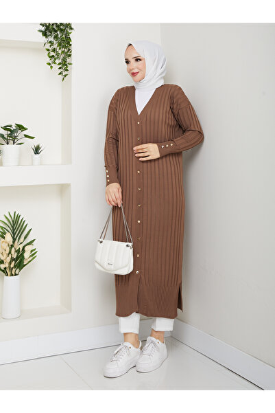 KMKkombin Women's Long Sleeve Striped Detail Buttoned Cardigan