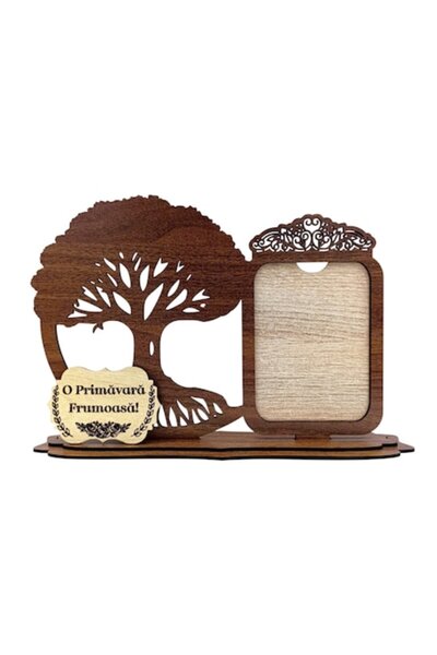 OEM Ramă foto Inimă și Copac al Vieții cu mesajul „O primăvară frumoasă!” – 30x18 cm, nuc
