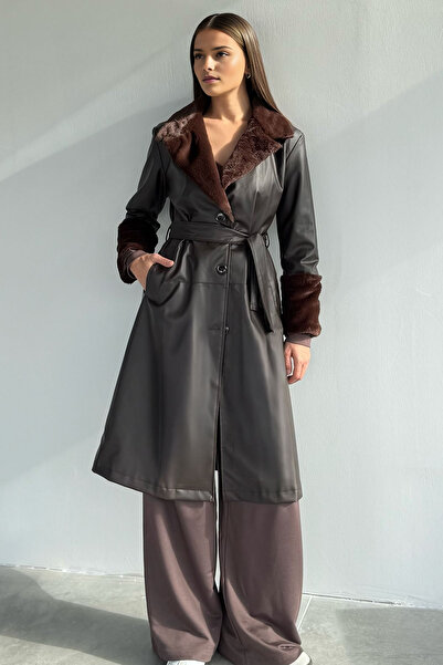 govestra Yaka Ve Bilek Kürk Garnili Bel Kuşaklı Suni Deri Trençkot