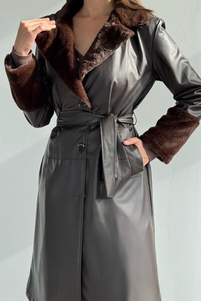 govestra Yaka Ve Bilek Kürk Garnili Bel Kuşaklı Suni Deri Trençkot