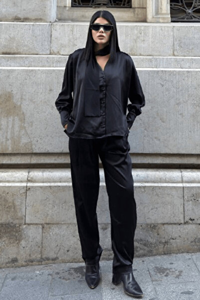 cemo Women's V-Neck Shirt Satin Suit