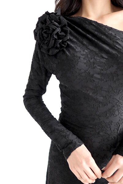 Serica Moda Black Floral Detailed One Shoulder Dress