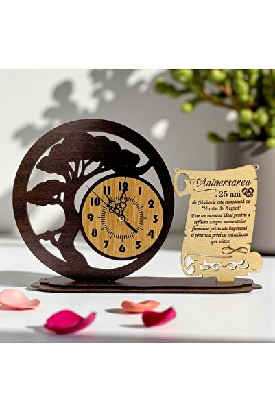 OEM Decorative Wooden Bonsai Clock for Silver Wedding, 30x20 cm, Personalized Gift with Engraved Message