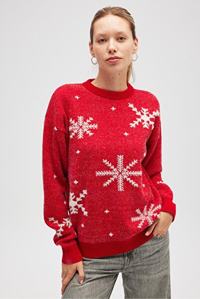 Peraluna Snowflake Kartanesi Desenli Unisex Yılbaşı Kazağı - Kırmızı