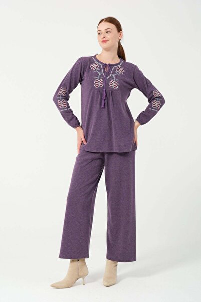 Hatun Atila HatunAtila Hera Kumaş Önü ve Kolları Otantik İşlemeli Püsküllü İkili Takım 7668 Mürdüm