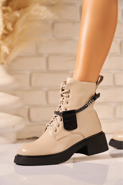 Joana Women's Fur-Lined Beige -Leather Boots Naina