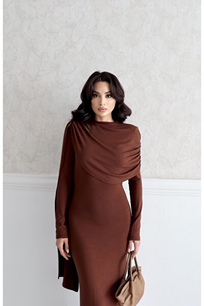Serica Moda Brown Shoulder Draped Shawl Collar Dress