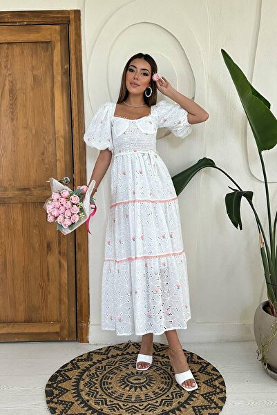 Leina Fırfırlı Kollu Boho A Kesim Beyaz Elbise