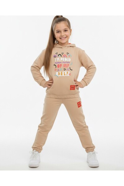 VOY KİDS Girl's 6-7-8-9-10 Years Old Hoodie Transitional Sports Tracksuit Set / Bottom and Top Set