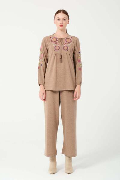 Hatun Atila HatunAtila Hera Предишна част и ръкави от плат Автентичен бродиран комплект с ресни от две части 7665 Vison