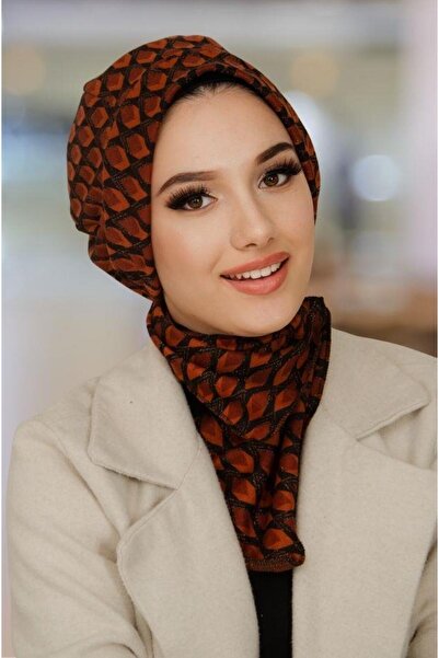 Aişe tesettür Siyah Taba Desenli Tesettür Bere Ve Etol Takım