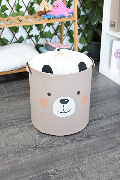 Bear Patterned Beige Color Mesh Toy Laundry Dirty Basket 37 x 40