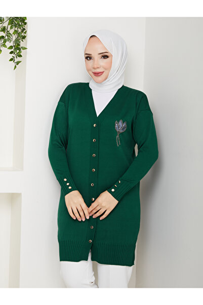 KMKkombin Women's Long Sleeve Knit Cardigan with Stone Detail on the Chest and Buttons