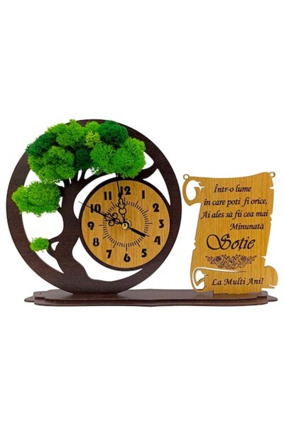 OEM Ceas Bonsai cu Mușchi Stabilizat și Mesaj pentru Soție, 30x20 cm, Cadou Personalizat, Wenge