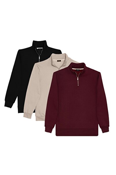 Tudors Унисекс комплект от 3 части, черно-камък-бордо, свободна кройка, памучна блуза с поло якичка и половин цип