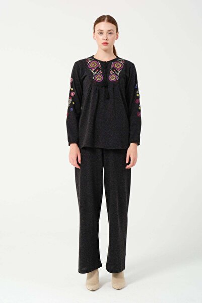 Hatun Atila Hatunatila Hera Fabric Front and Sleeves Authentic Embroidered Tassel Double Suit 7665 Black