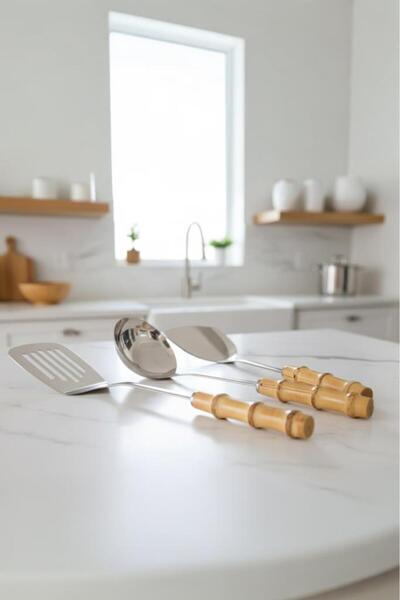 Atbyhome Bambum Mundo 3 Piece Bamboo Handle Steel Kitchen Utensil Set Spoon Colander Ladle