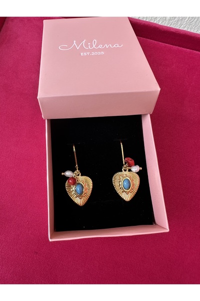 Milena Designer Store Milena Istanbul Inci ve Mercan Sallantılı Kalp Küpe