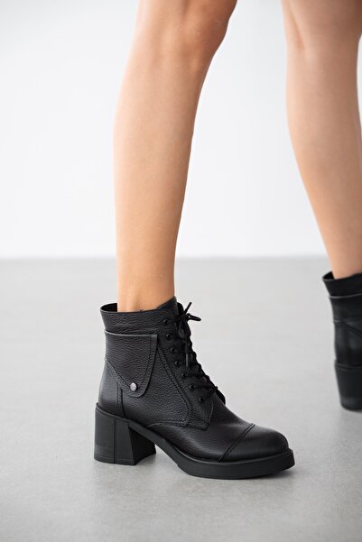 selinshoes Elenore Hakiki Deri Hakiki Deri Bağcıklı ve Yandan Fermuarlı Kadın Bot- SİYAH