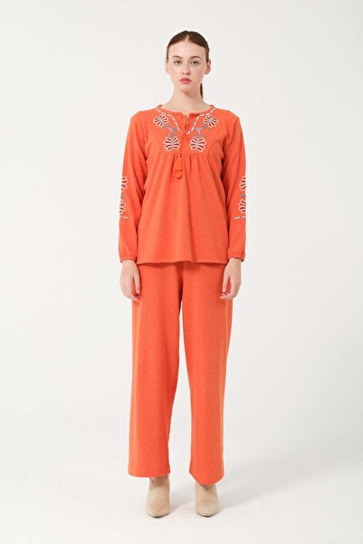 Hatun Atila Hatunatila Hera Fabric Front and Sleeves Authentic Embroidered Tassel Double Suit 7668 Orange