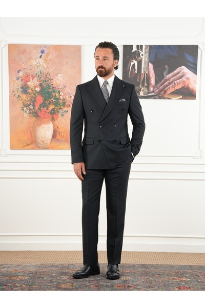 PAREZ Erkek Slim Fit İtalyan Stil Kruvaze Takım Elbise Ceket Pantolon XPRZCOM8466