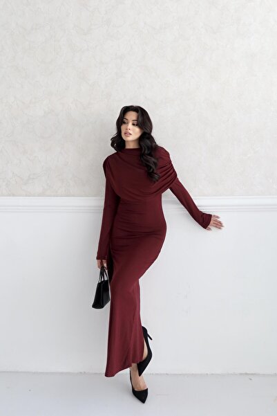 Serica Moda Burgundy Shoulder Draped Shawl Collar Dress