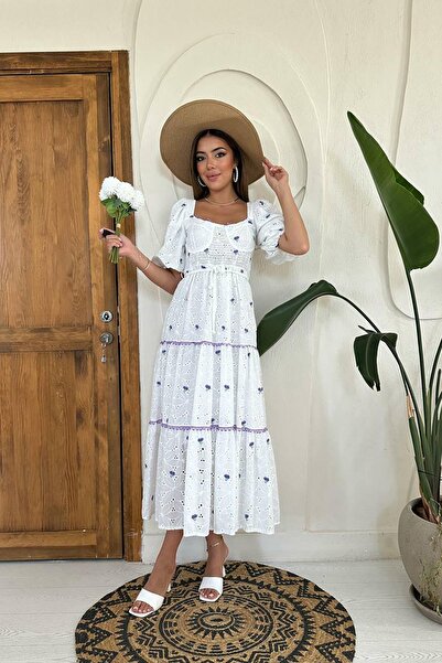 Leina Fırfırlı Kollu Boho A Kesim Beyaz Elbise