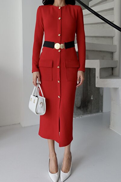 Serica Moda Red Buttoned Dress with Elastic Waist Detail