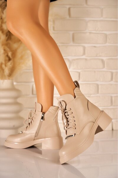 Joana Ladies' Lined Beige -Leather Platform Boots