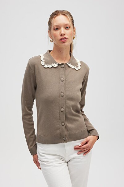 Peraluna Laila, Plain Knit, Polo Collar, Women's Knit Cardigan - Mink