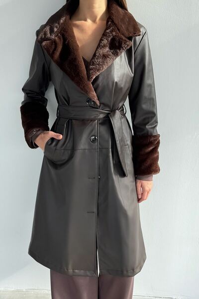 govestra Yaka Ve Bilek Kürk Garnili Bel Kuşaklı Suni Deri Trençkot